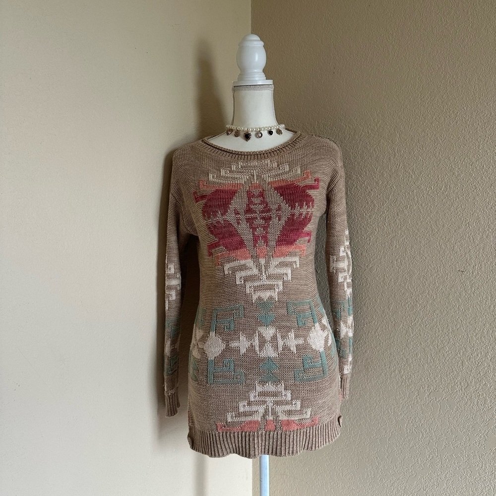 Lauren Ralph Lauren Southwestern Aztec Knit Tunic Sweater PXS Cotton Linen Boho